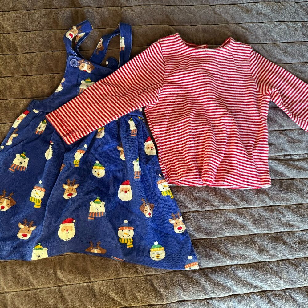 Cobalt Christmas-Print Skirtall & Red Pinstripe Long-Sleeve Top 6-12m